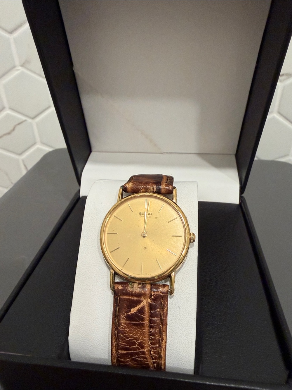 90s vintage Seiko Gold Dial Watch with Brown Leather Strap